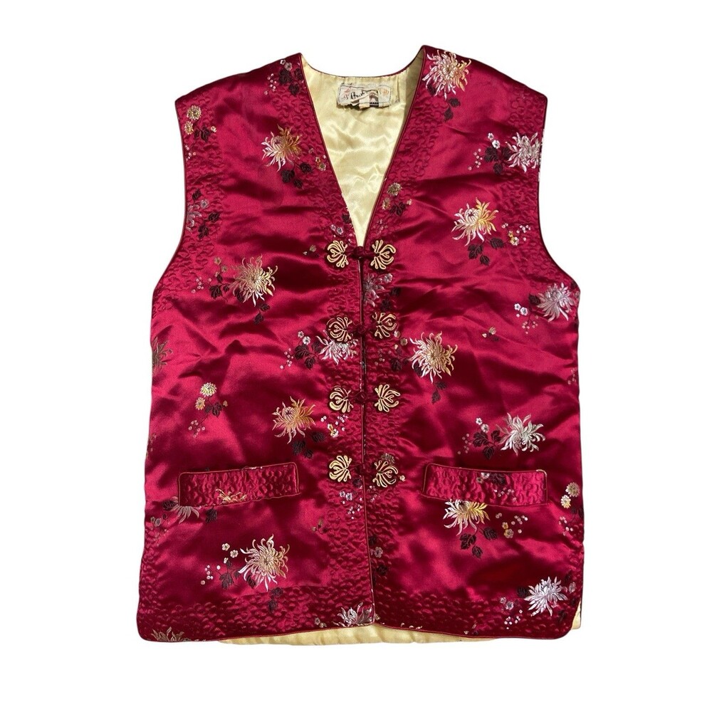 Vintage Gold Cup Red Satin Chinese Floral Embroidered Vest Size‎ 12 Unisex Kids